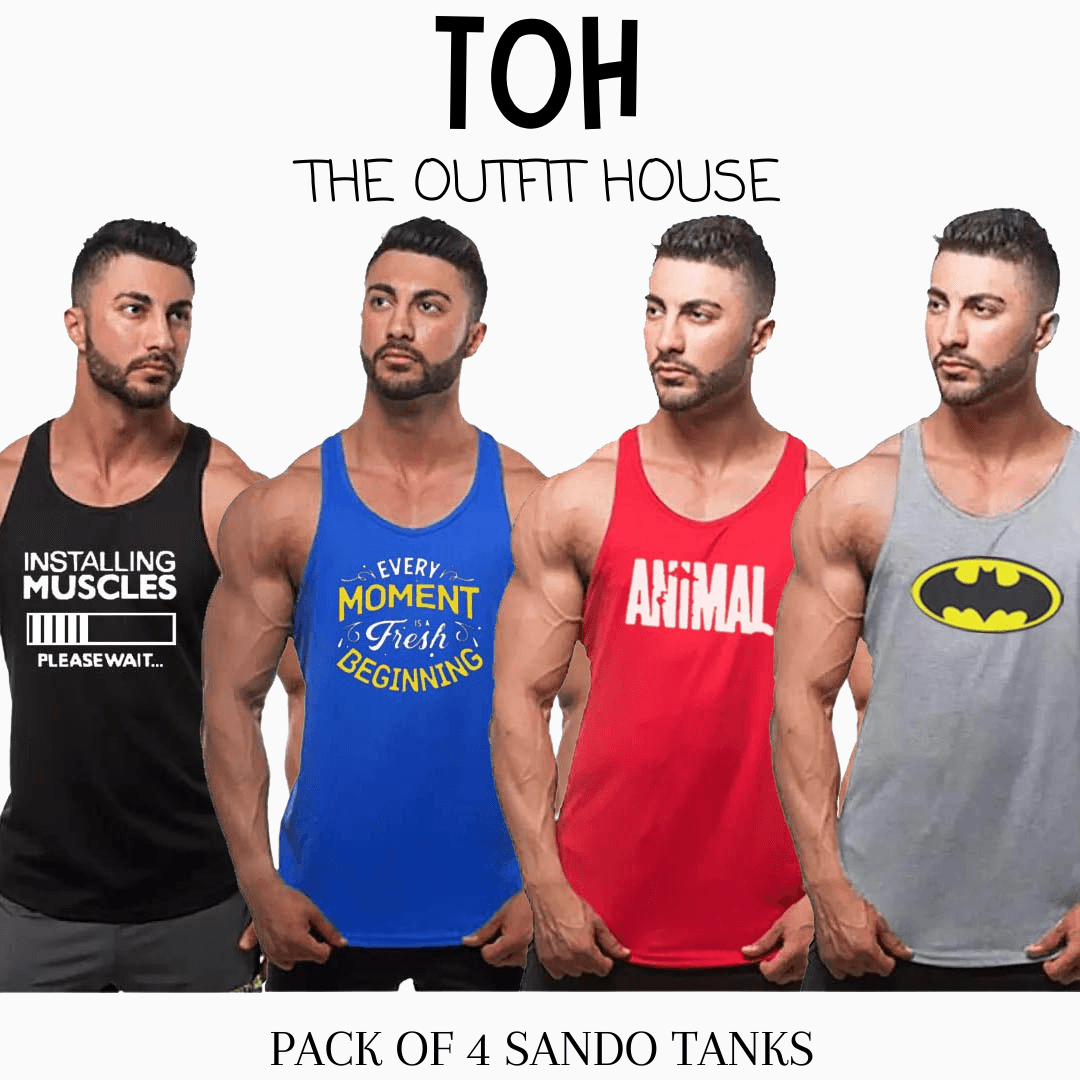 Pack of 4 Printed gym sando tanks 005 - The Outfit House Pakistan