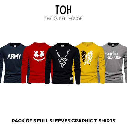 Pack of 5 round neck Full sleeves Graphic T-shirts - The Outfit House Pakistan