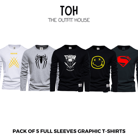 Pack of 5 round neck Full sleeves Graphic T-shirts - The Outfit House Pakistan