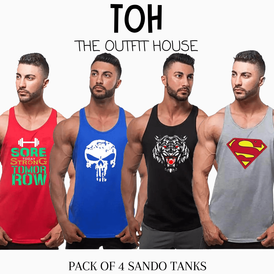 Pack of 4 Printed gym sando tanks 004 - The Outfit House Pakistan